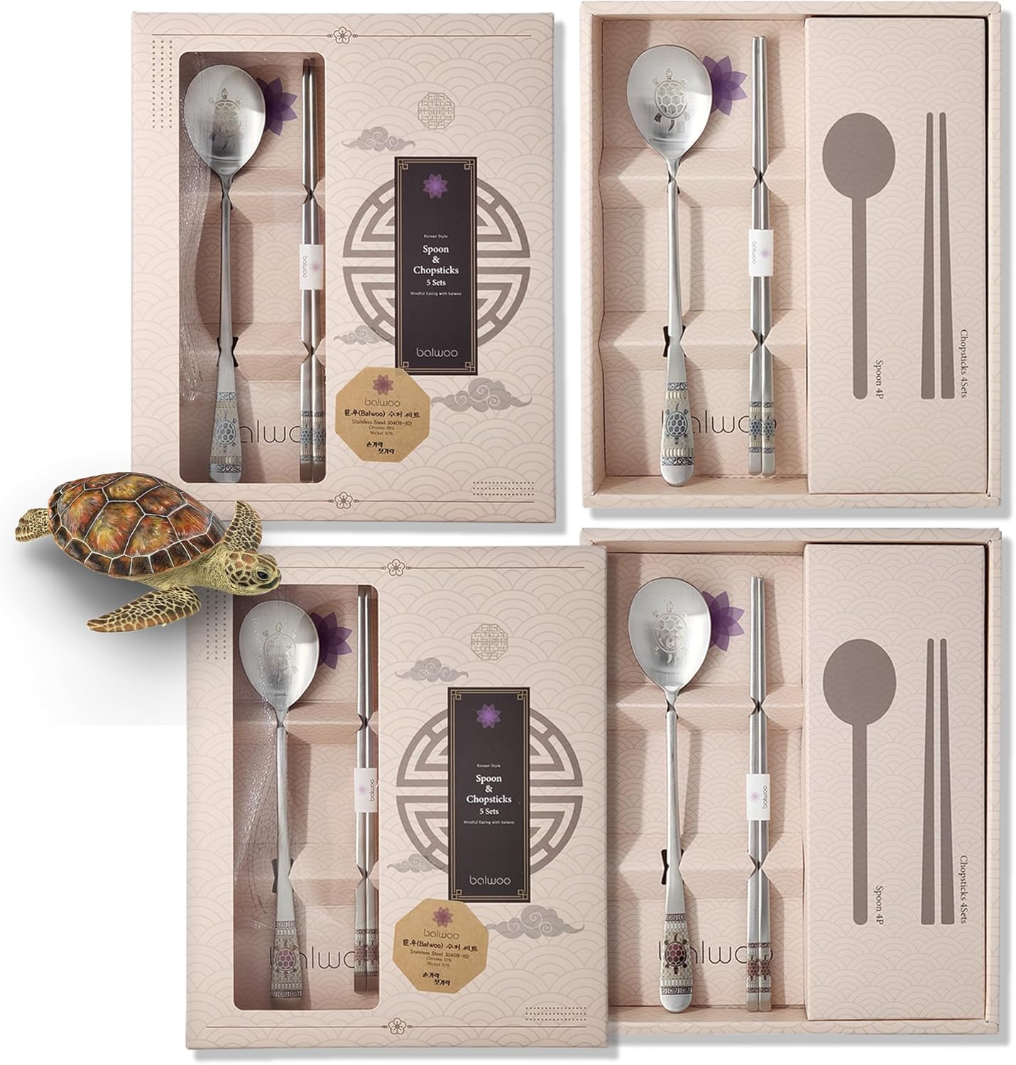 Spoon and Chopsticks [10 Sets] Turtle Blue 5 Sets and Red 5 Sets 304 Stainless Steel Korean Cutlery