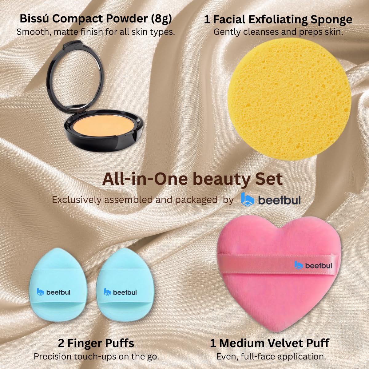 Beetbul Makeup & Exfoliation Kit - Bissú Compact Powder + 1 Medium Velvet Puff + 2 Finger Puffs + 1 Facial Exfoliating Sponge (01 Translucid, One Size) - Image 3