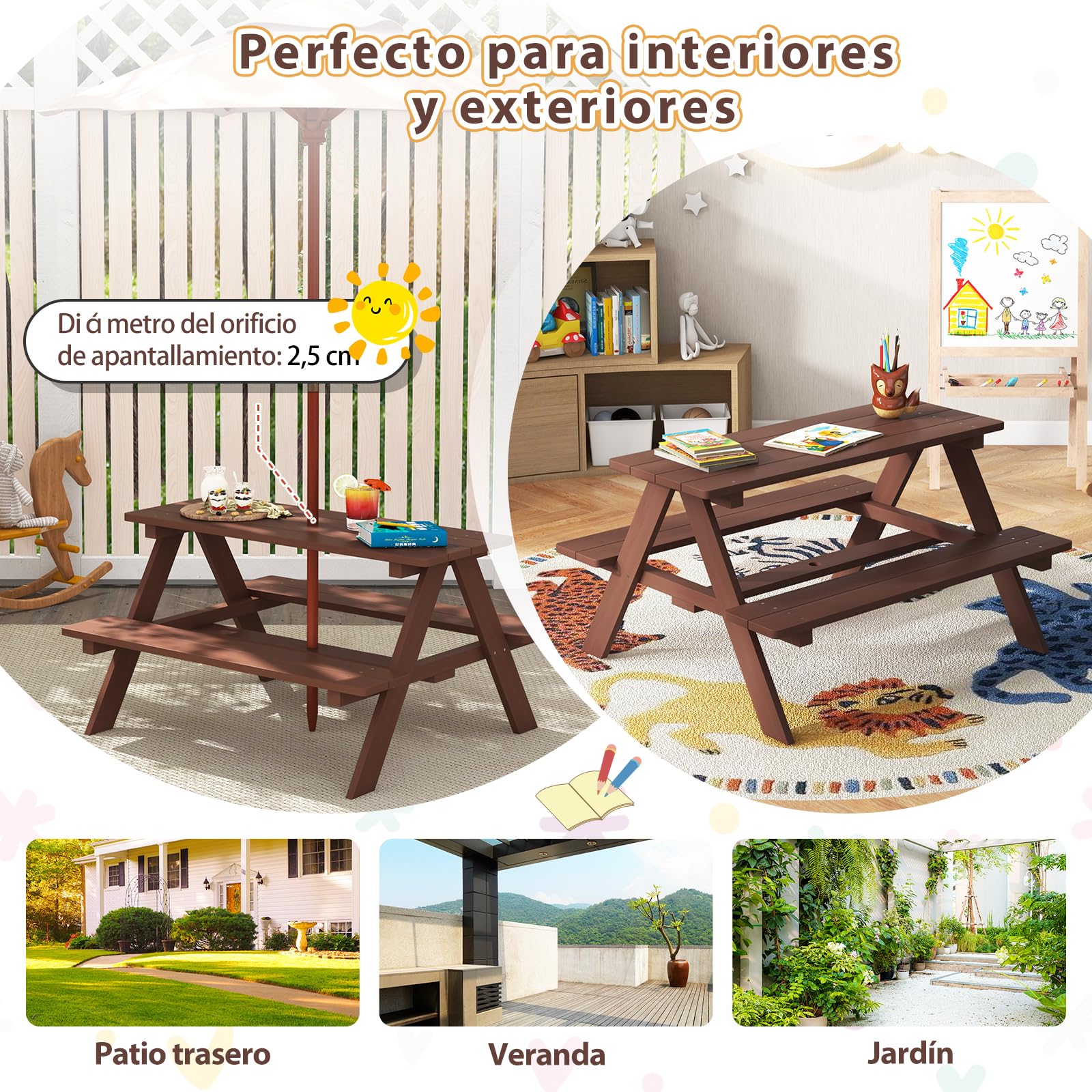 SOARS Mesa de Picnic para Niños con 2 Bancos de Madera Maciza, Conjunto de Asientos Infantiles con Sombrilla, Mesa y Banco de Jardín, Conjunto de Muebles Infantiles para Jardín, Patio