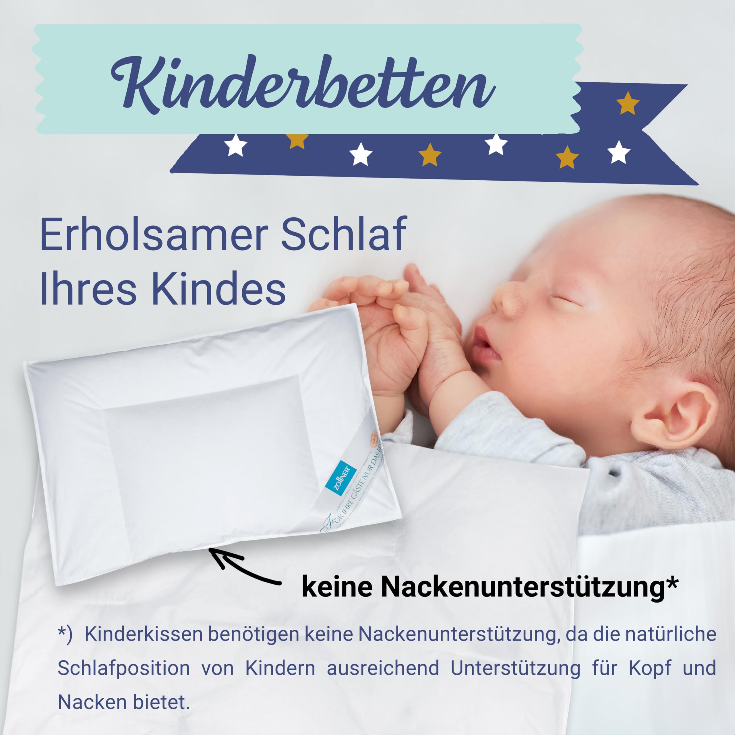 ZOLLNER Kinder & Kleinkinder Premium Bettenset - Bettdecke und Kopfkissen aus 90% Daunen und 10% Federn - Bezug aus Baumwolle - Made in Germany - 40x60cm und 100x135cm - für Kinder bis 5 Jahre