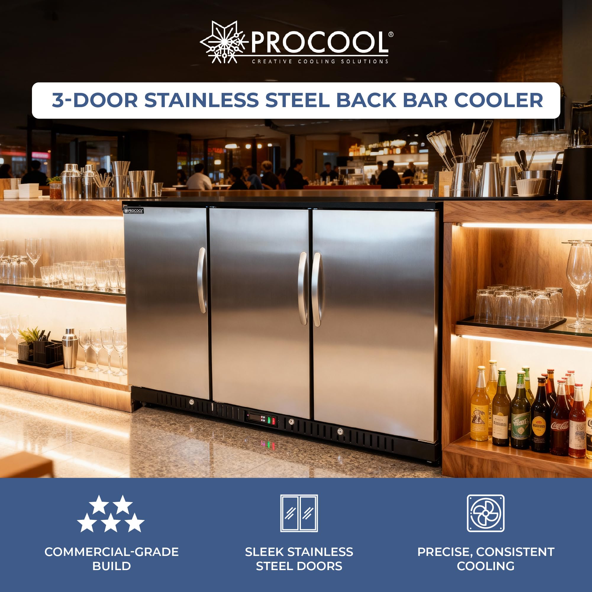 Procool 3-Door Counter Height Beverage Refrigerator - 54" Wide Energy Efficient Stainless Steel Bar Fridge With LED Lighting - Commercial Back Bar Cooler on Fridge.com - View 2