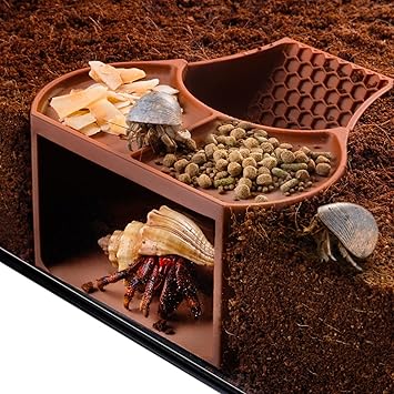 Hermit Crab Habitat Shelter with Dual Food Bowls, 2-in-1 Cave Shelter & Feeding Dish, Textured Climbing Ramp & Viewing Window, Hermit Crab Accessories for Habitat & Tank Setup Brown