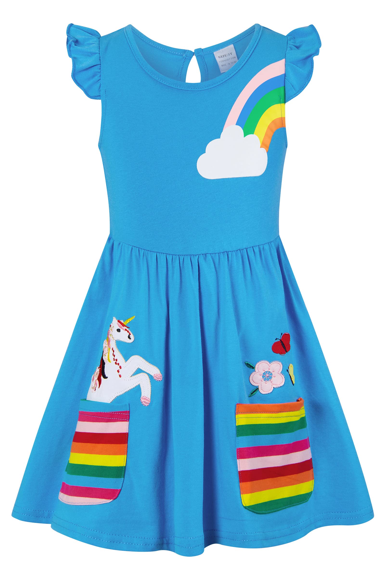SFreeBo Einhorn Kleid Mädchen Sommerkleid Kinder Rüschenärmel Bunt Taschen Gesticktes Regenbogen Kleid Mädchen 122