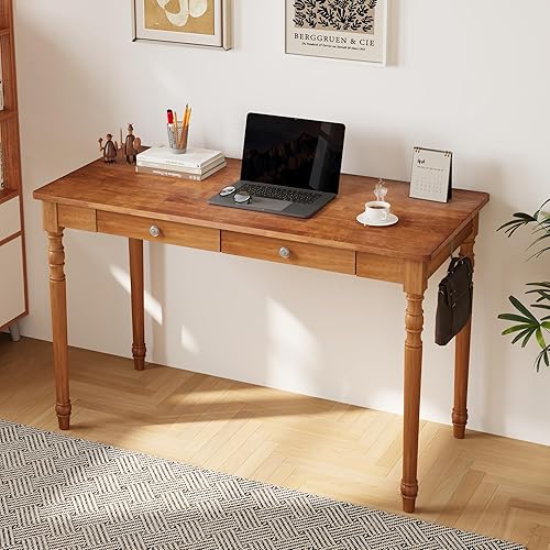 Escritorio moderno de mediados de siglo de 48 pulgadas, escritorio de madera de goma con cajones, escritorios vintage con 2 ganchos, escritorios de