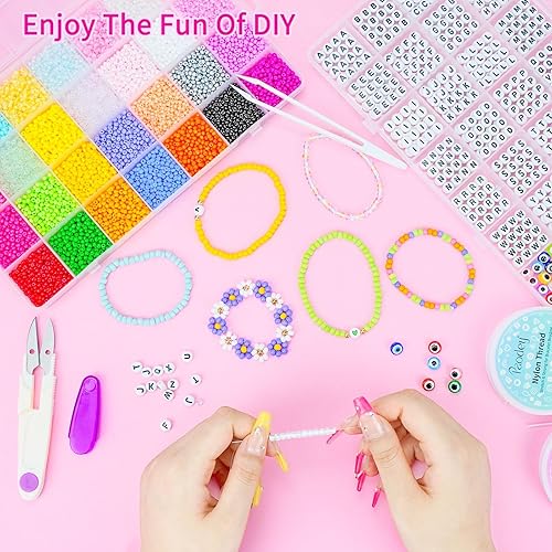 Miniatura 6 de Paodey Cuentas de cristal de 0.118 pulgadas, 28 colores, 12000 cuentas de semillas 80 para hacer joyas, 1000 cuentas de letras, juego de cuentas