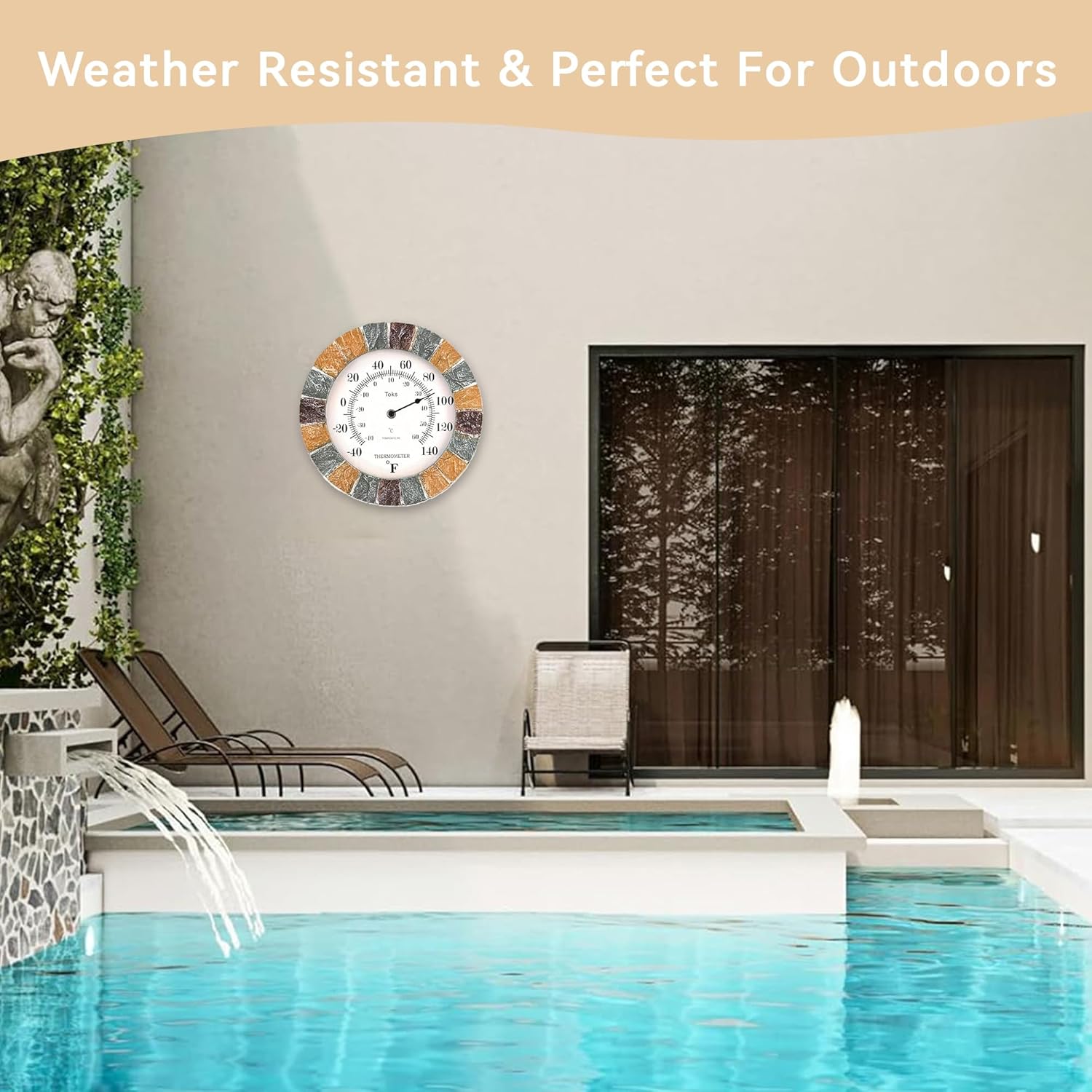 Lily's Home 10 inch Indoor or Outdoor Wall Thermometer Stone Frame Battery Operated Quartz Movement, Operated Decor for Family Room, Office, Game Room,Garden, Backyard, Pool