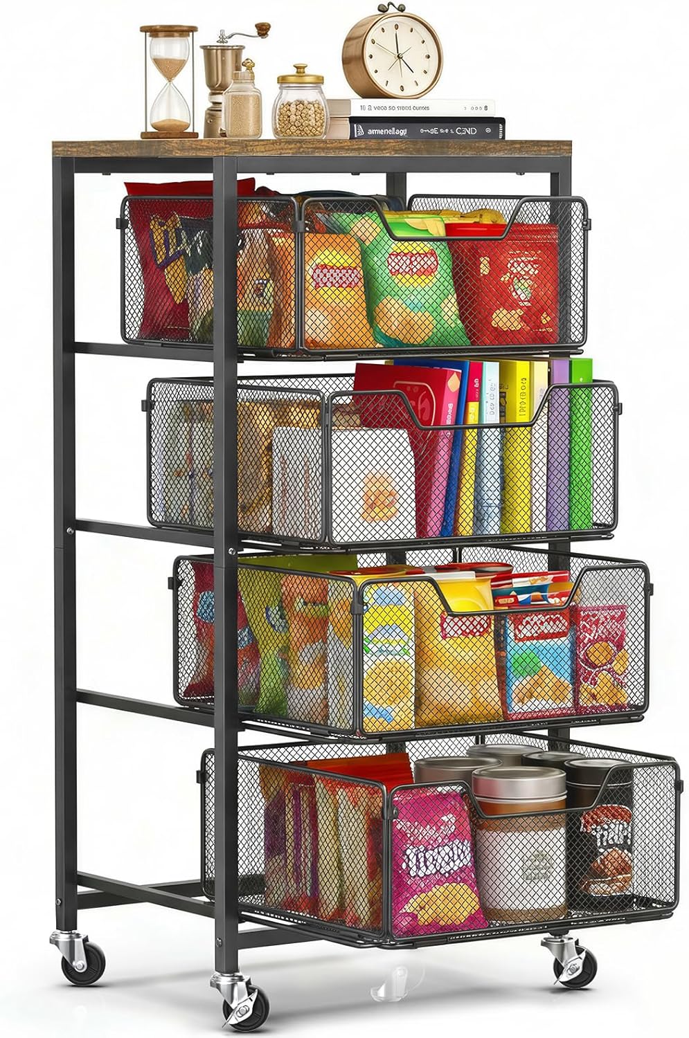 Rolling Cart with Drawers, 4-Tier Utility Cart Snack Storage Organizer with Lockable Wheels, Metal Kitchen Storage Cart with Wooden Top for Craft, Bathroom, School, Office, Bedroom, Black