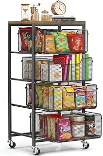 Rolling Cart with Drawers, 4-Tier Utility Cart Storage Organizer with Lo...