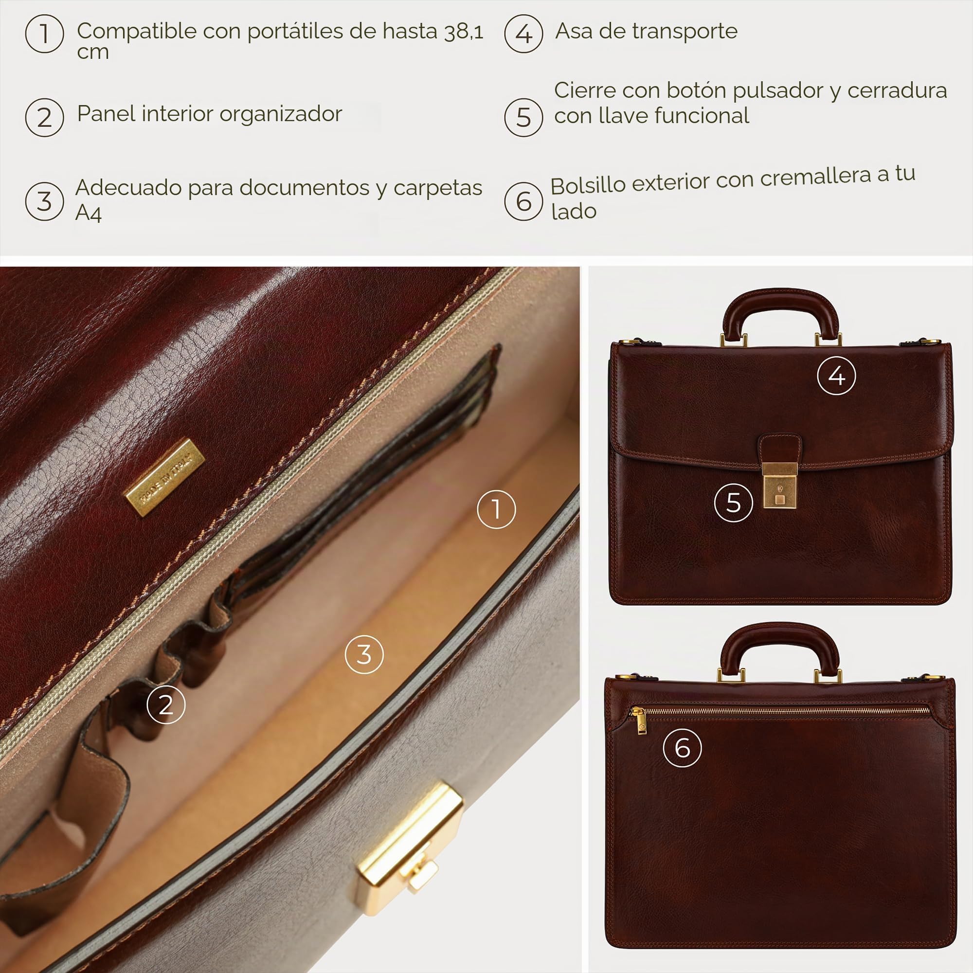 Time Resistance Maletín Portadocumentos para Mujer y Hombre de Cuero - Bolso de Piel Bandolera Maletines Mensajero