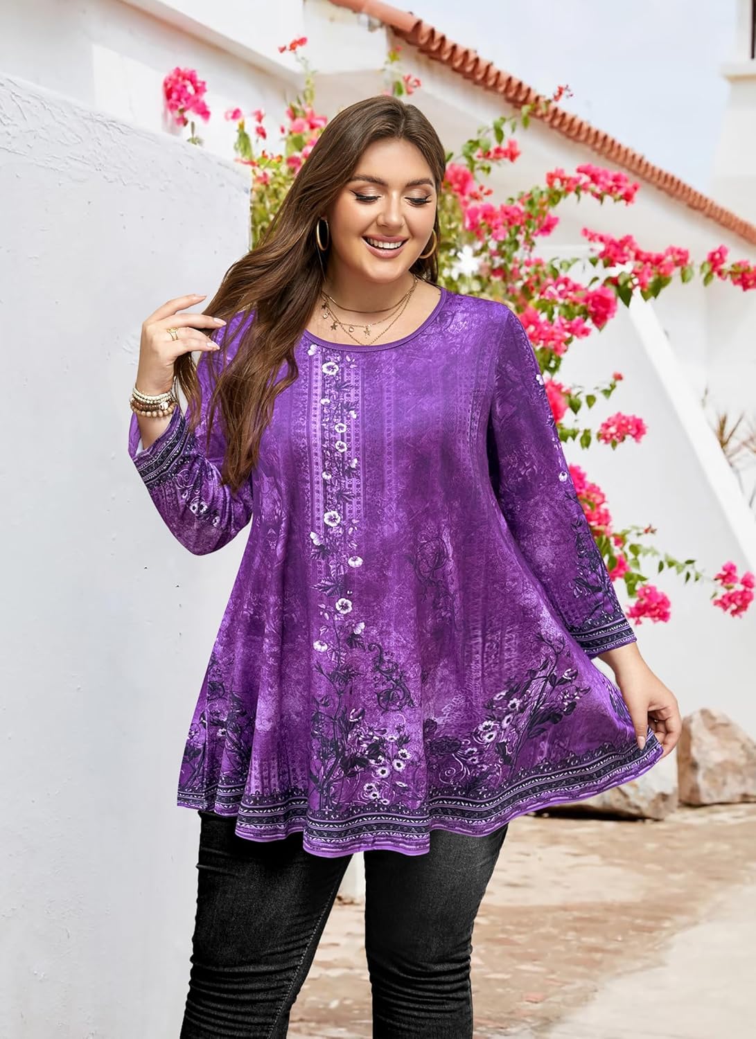 Womens Tunic Tops 3/4 Sleeve Plus Size Crew Neck Swing Flare Loose Fit T-Shirt Blouses to Wear with Leggings - Image 7