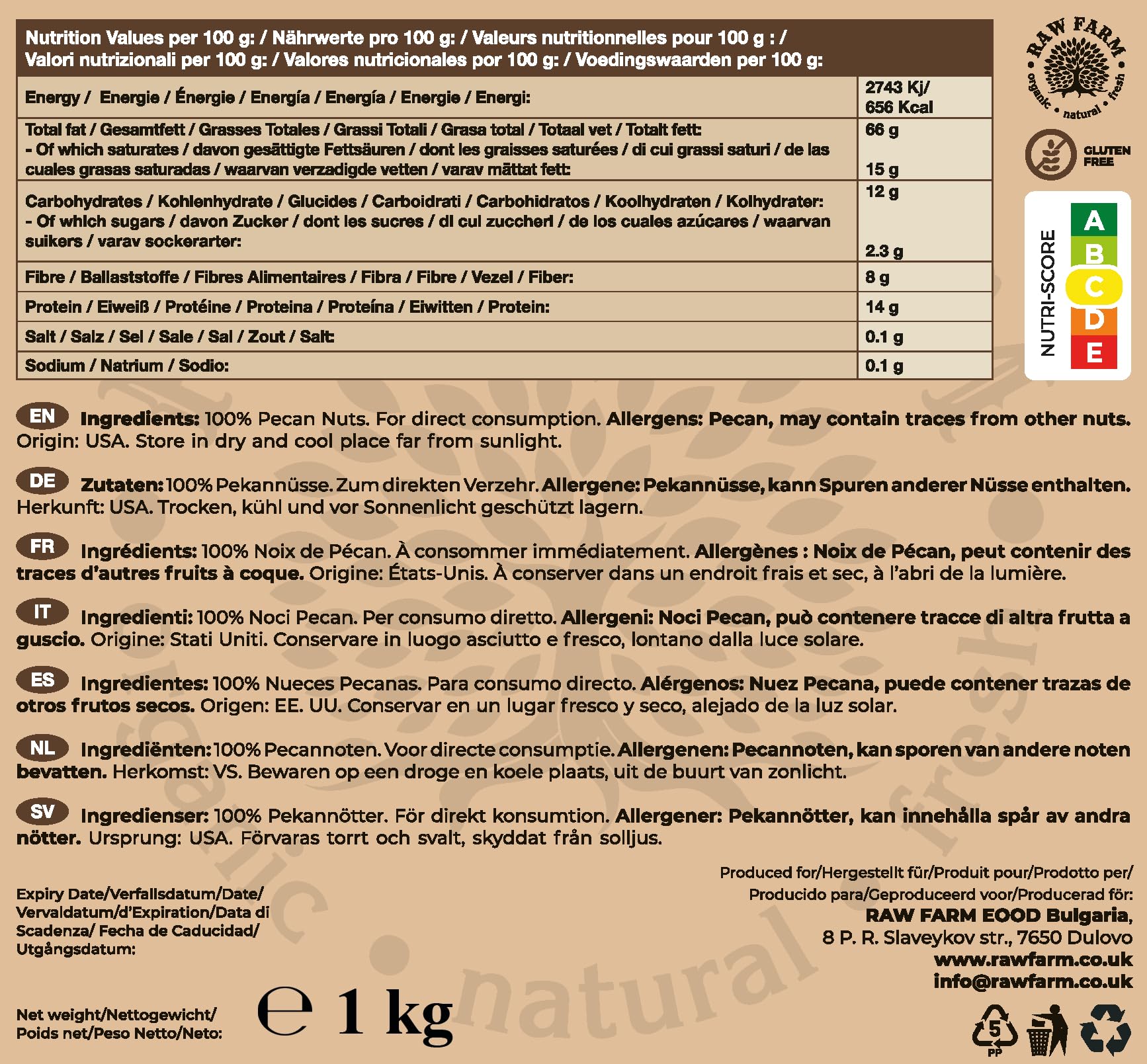 1 kg Rohe Pekannusskerne, frei von Gluten, Soja, reich an Ballaststoffen und Mineralien