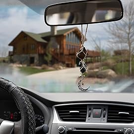 BOHO GARDEN Hanging Car Charm - Tiger Eye & Black Tourmaline - Dangling Moon, Healing Crystal Accessories, Rearview Mirror Decorations - Grounding, Confidence, Protection, Courage, Resilience, Energy
