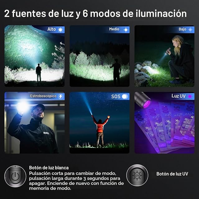 Foto 4 de 8 de Laitver Linterna Ultravioleta/LED Recargable 2en1, Superbrillante Linterna
