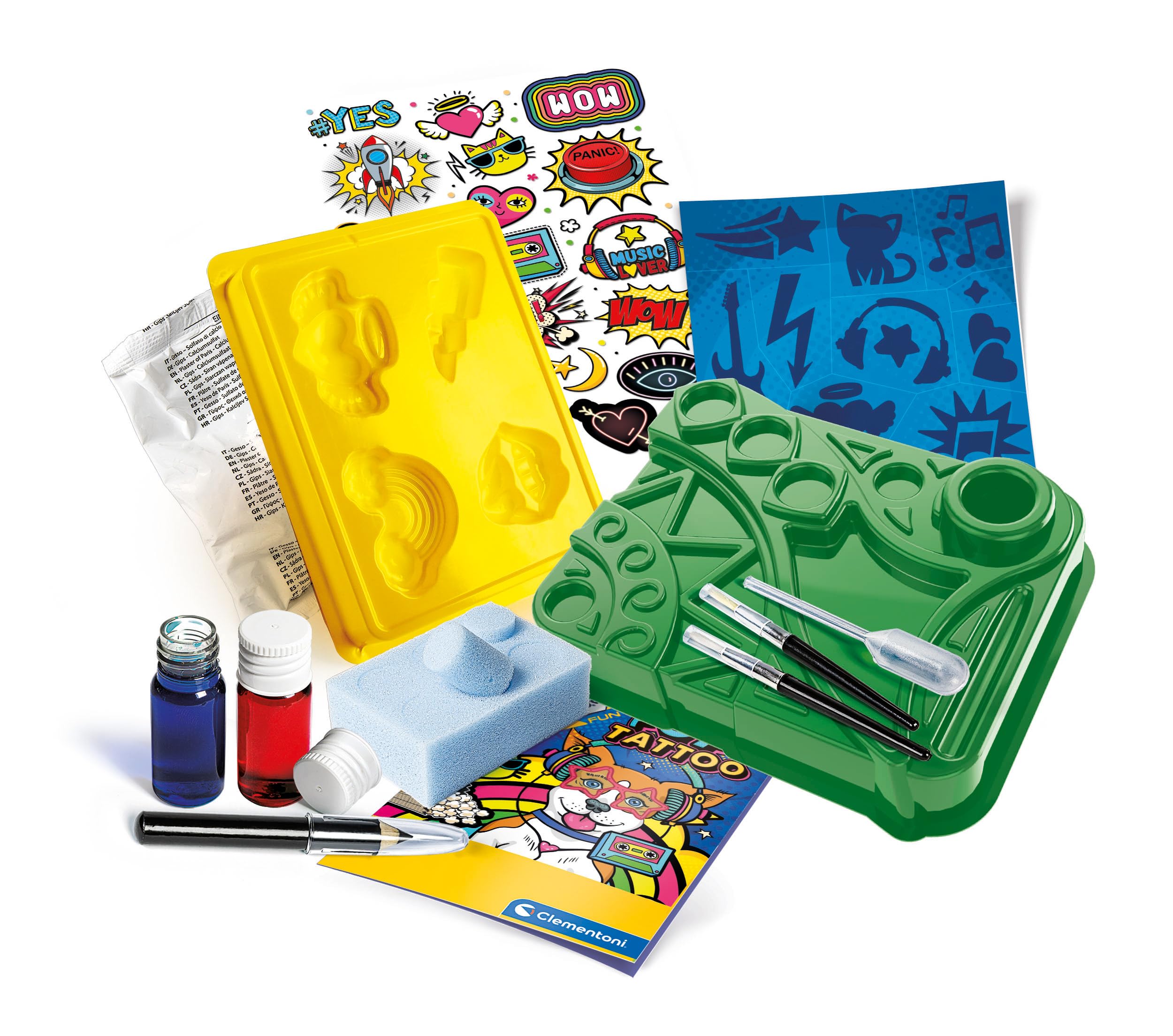 Clementoni Tatuajes Pop – Kit De Tatuajes Temporales Con Colorantes, Plantillas Y Moldes De Yeso, A Partir De 8 Años