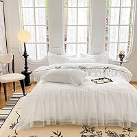 Vista 1 de Juego de funda de edredón de encaje blanco con volantes, funda de edredón con lazo, ropa de cama elegante para niños, 100% poliéster, juego de funda