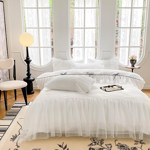 Miniatura 6 de Juego de funda de edredón de encaje con volantes, ropa de cama de princesa blanca elegante con bonito lazo, tamaño individual, 100% poliéster,