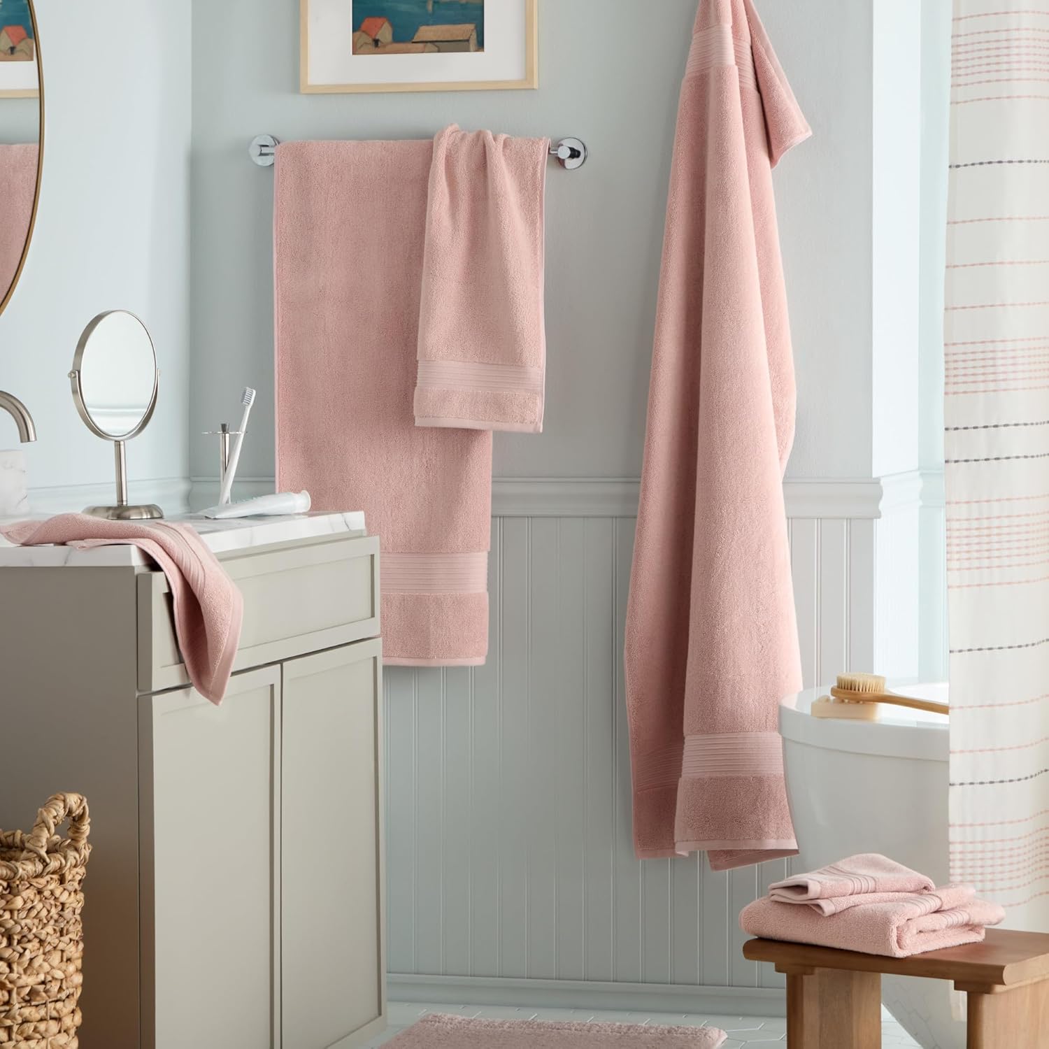 Town & Country Everyday 6-Piece Assorted Solid Dobby Border Set, 2-Bath Towels, 2-Hand Towels, 2-Washcloths, 100% Cotton, Plush & Absorbent 650GSM, Blush - Image 2