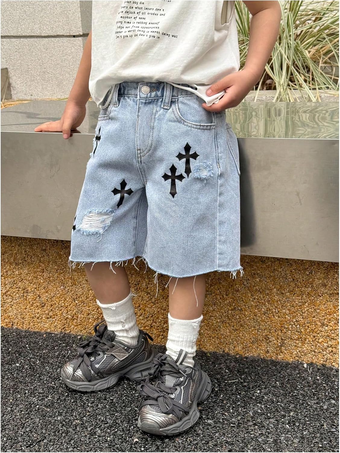 WDIRARA Boy's Cross Print Ripped Bermuda Denim Shorts Wide Leg Frayed Baggy Jean Shorts - Image 4
