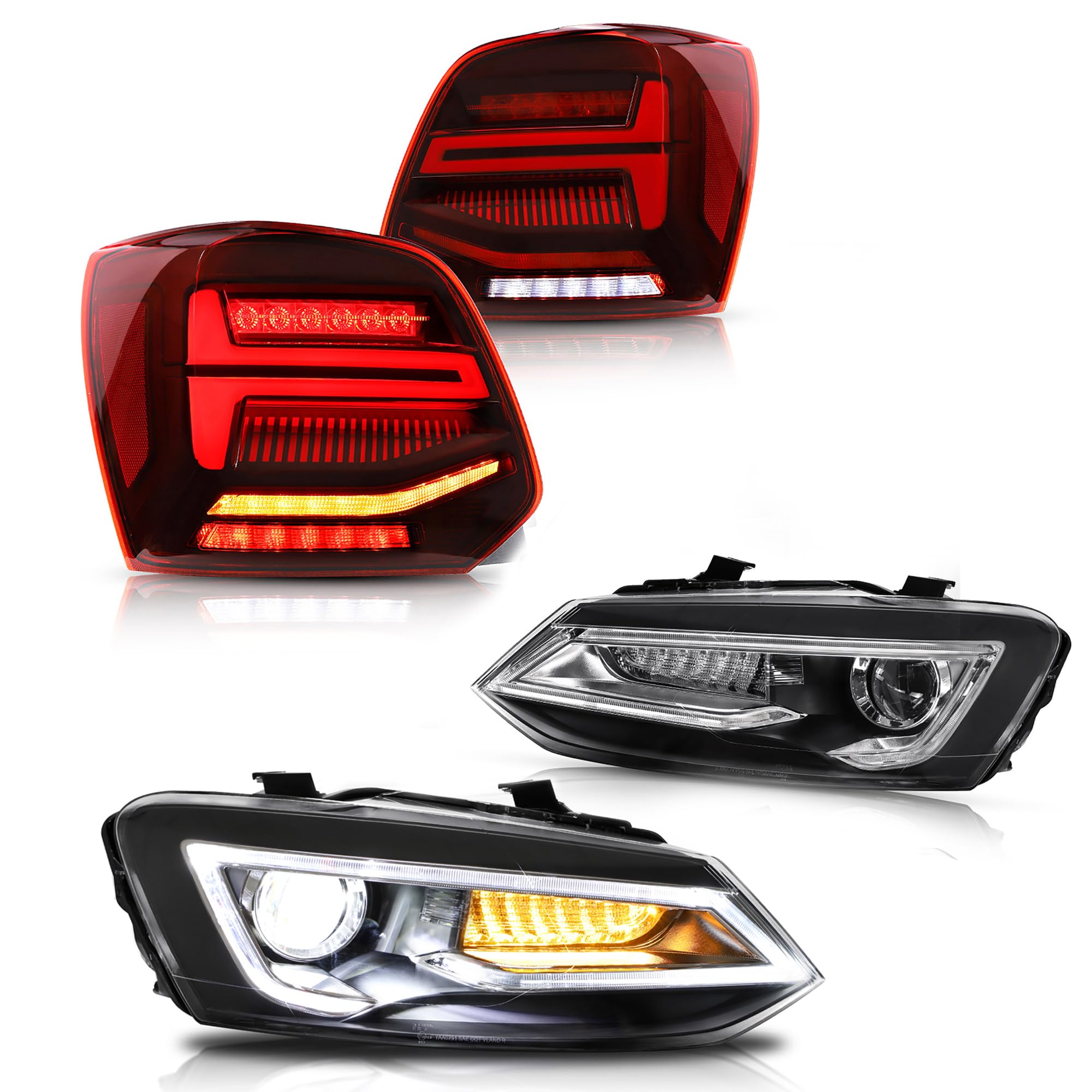 Set di fari e luci posteriori VLAND, compatibile per Polo 5 Polo MK5 6R 6C 2009-2017 (Non per GTI/1.2 TSI/R), Per guida a sinistra (+Luce posteriore rossa)