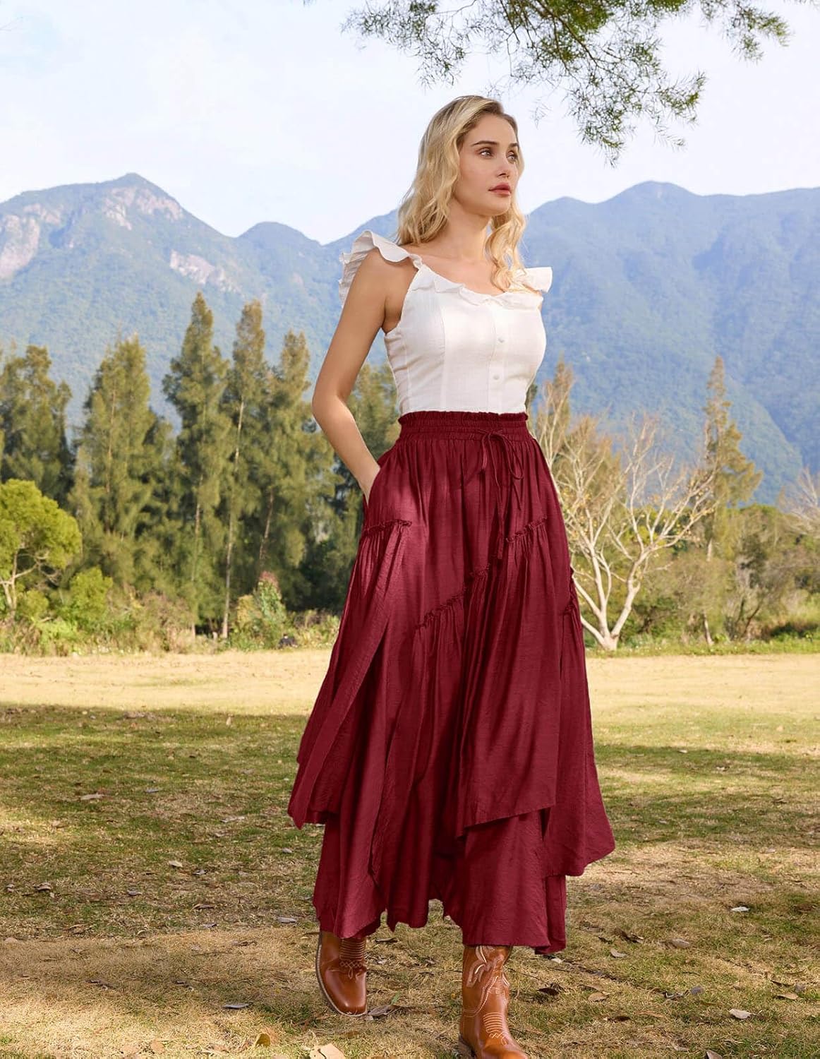 Scarlet Darkness Long Skirts for Women Renaissance Costume Pirate Maxi Skirt Plus Size with Pockets - Image 3