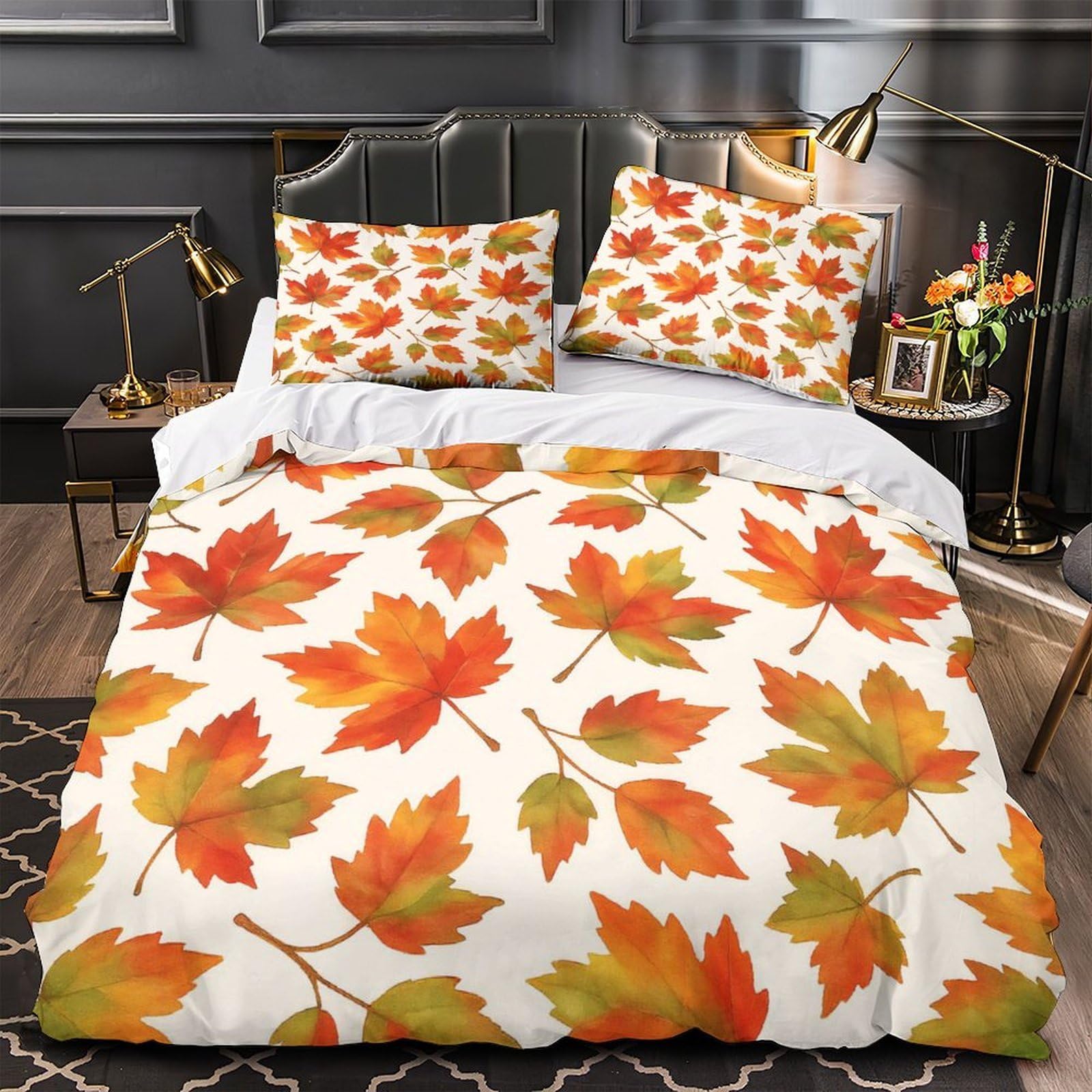 Housse de couette 200x200cm motifs d'automne microfibre avec 2 taies d'oreiller pour lit double