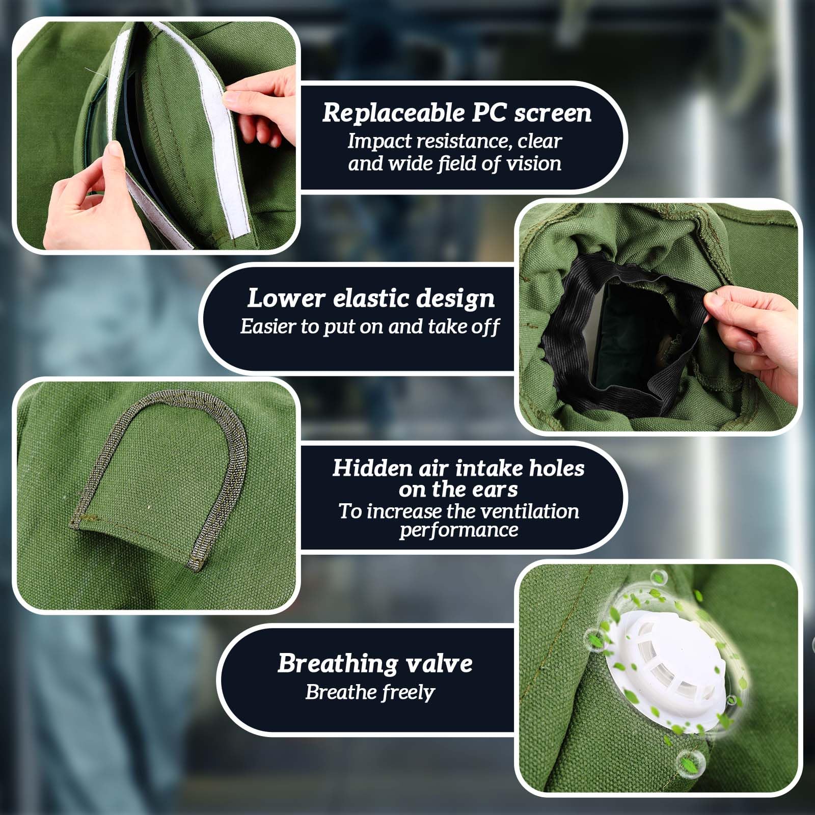Jecery Paquete de 6 máscaras de capucha para chorro de arena con lente de policarbonato de repuesto para pulir pintura, polvo y molienda (corto, verde)