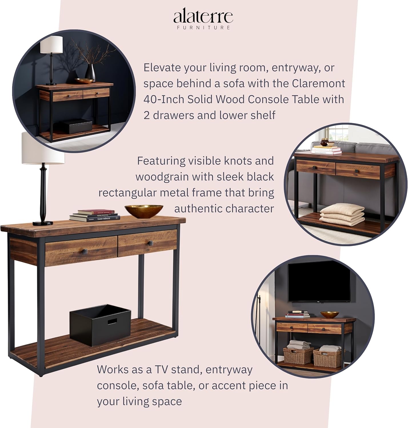 Alaterre Furniture Claremont 43-Inch Solid Wood Console Table with Drawers and Lower Shelf – Rustic Industrial Entryway, Sofa, or TV Table with Acacia Wood Top and Black Metal Frame (Dark Brown)
