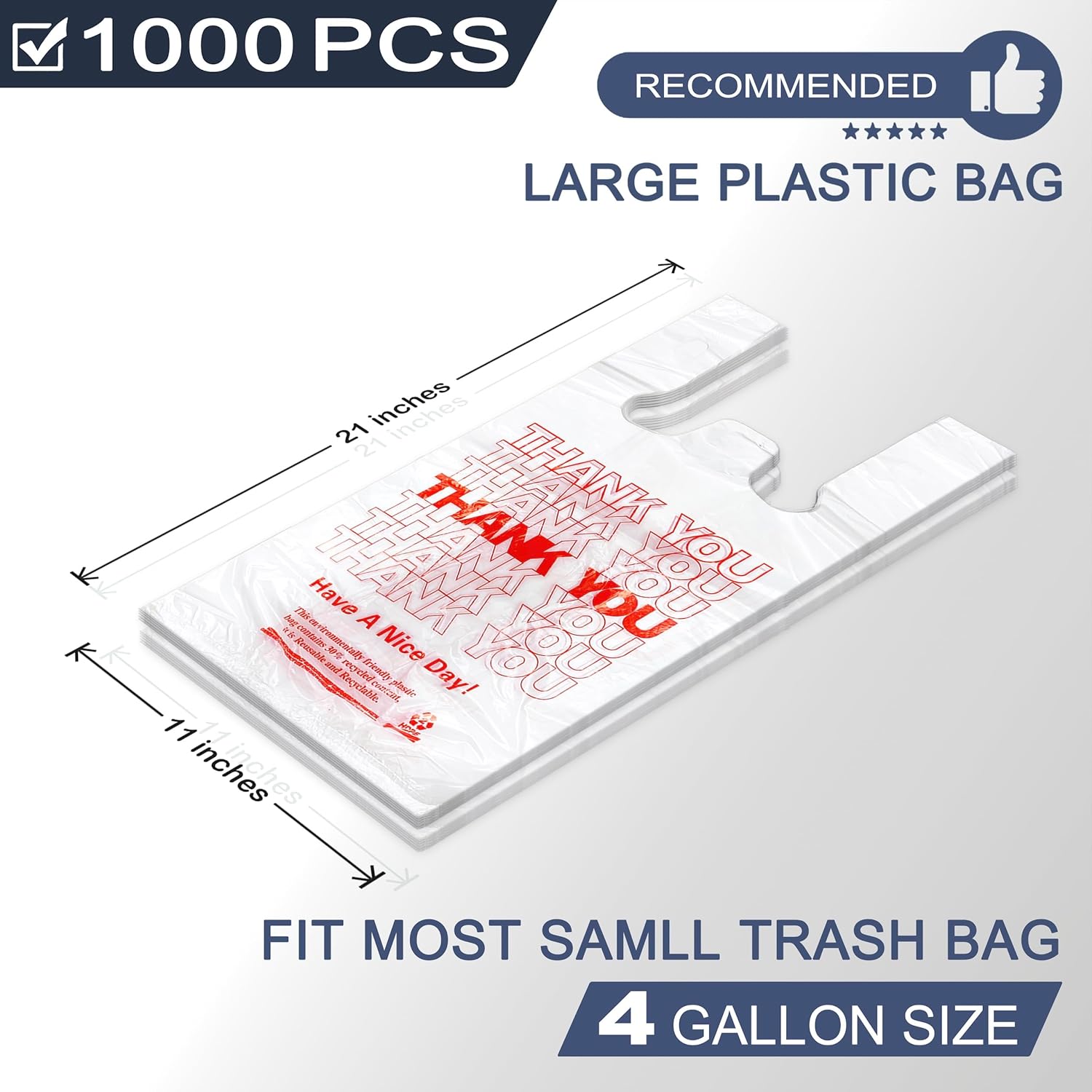 YoYoRain 1000 Pack White Thank You T-Shirt Bags with Handles, 11"x6"x21" Plastic Shopping Bags for Grocery, Retail & Takeout - Image 3