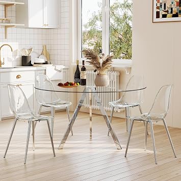 Round Dining Table Set for 4, 47" Clear Tempered Glass Table with Sliver Metal Legs and 4 Transparent Acrylic Chairs, Compact Modern Kitchen Table Set for Small Space Dining Room Sliver