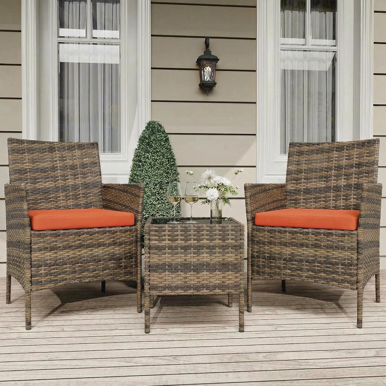 GarveeLife 3 Piece Patio Furniture Set, Rattan Outdoor Furniture with 2 Chairs & Coffee Table, Modern Outdoor Seating Conversation Bistro Set for Garden Backyard Porch (Brown and Orange)