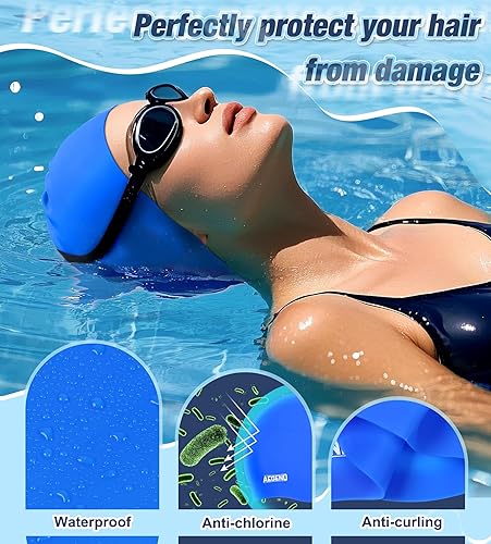 Miniatura 3 de Aegend - Gorros de natación para cabello largo (2 unidades), gorras de natación de silicona duradera para mujeres, hombres, adultos, jóvenes, niños,