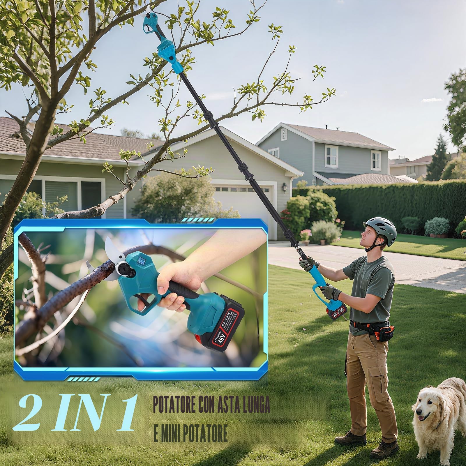 Forbici Potatura a Batteria con Asta,Con asta telescopica da 233 cm Due batterie da 3000 mAh Lama in Acciaio al Carbonio SK5 per Rami Alberi Giardini Electric Pruning shears