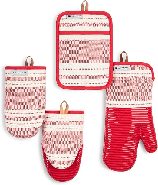 KITCHENAID Vintage Stripe Oven Mitt, Mini Oven Mitt & Pot Holder 4-Pack, 100% Cotton, Heat Resistant, Passion Red/Ivory, 7"x14", 5.5"x9" & 7"x10"