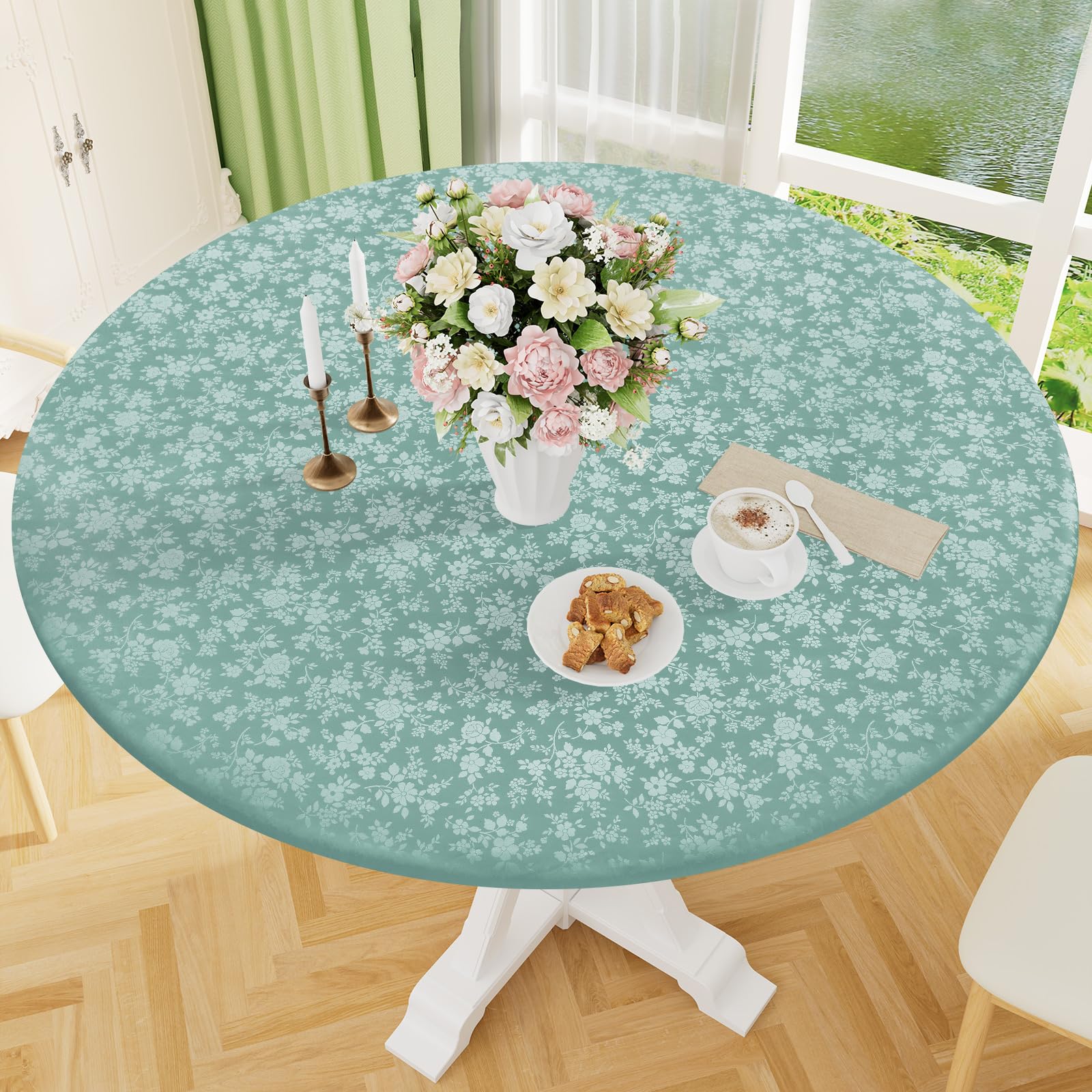 Smiry Waterproof Heavy Duty Vinyl Fitted Tablecloth for 45"-56" Round Table