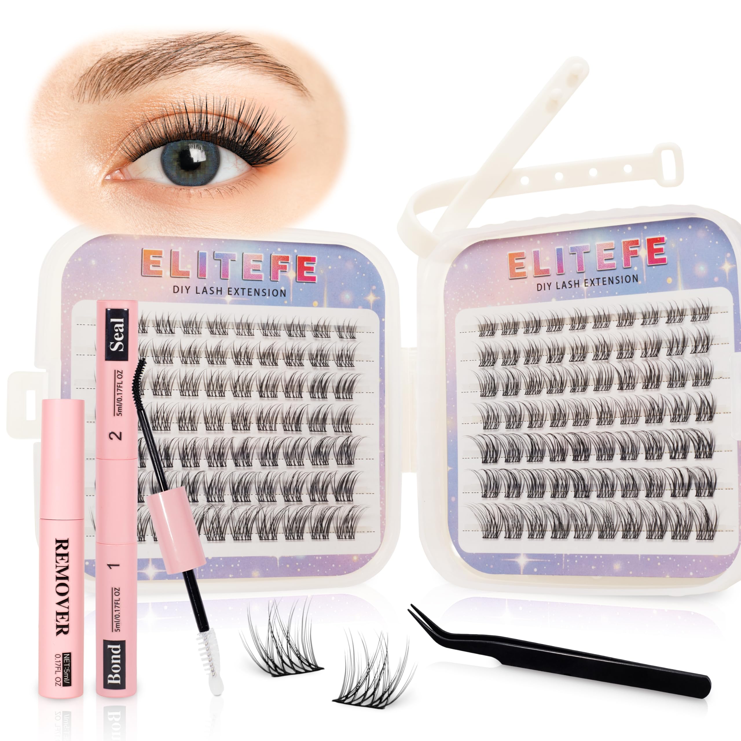 Elitefe Lash Extension Kit DIY Lash Clusters Kit Eyelash Extensions Individual Lashes Extensions with BondSeal Tweezers Remover 140Pcs