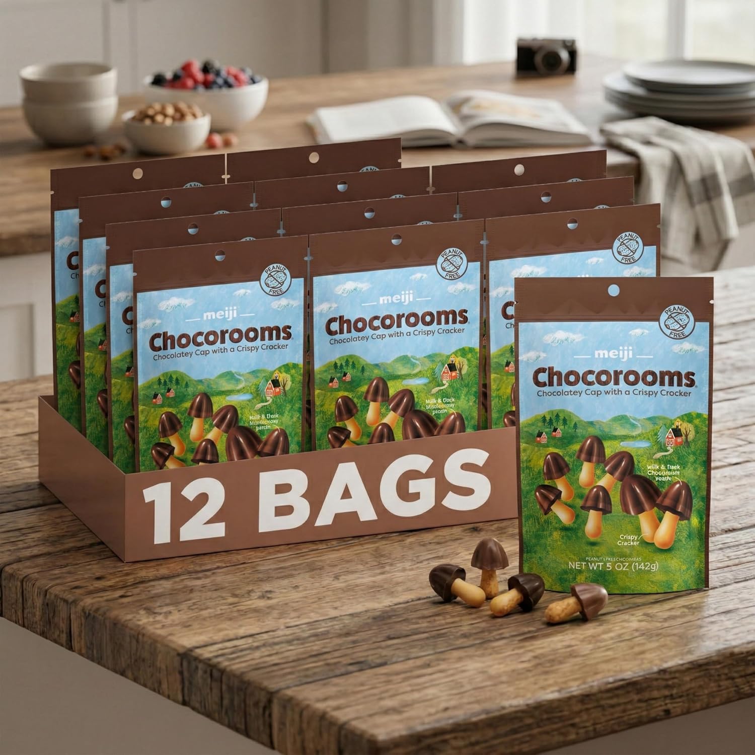 Meiji Chocorooms Crispy Crackers, Milk and Dark Chocolate Combination - 5 oz, Pack of 12 - Bite Sized Crackers in Fun Mushroom Shapes