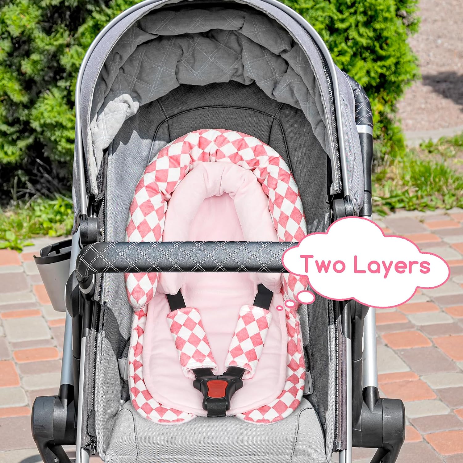 GFU Baby Car Seat Head Support for Newborn, 2 in 1 Infant Car Seat Head Body Support with Strap Pads, Soft Stroller Cushion Pillow Insert for Girls, Fits for Stroller, Swing, Pink Diamond image 3