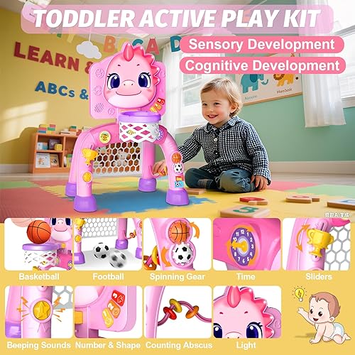 Miniatura 2 de Zerhunt Regalo para niños de 1 a 2 años centro de actividades de juguetes de dinosaurio con músicailuminado, juego deportivo, aro de baloncesto y