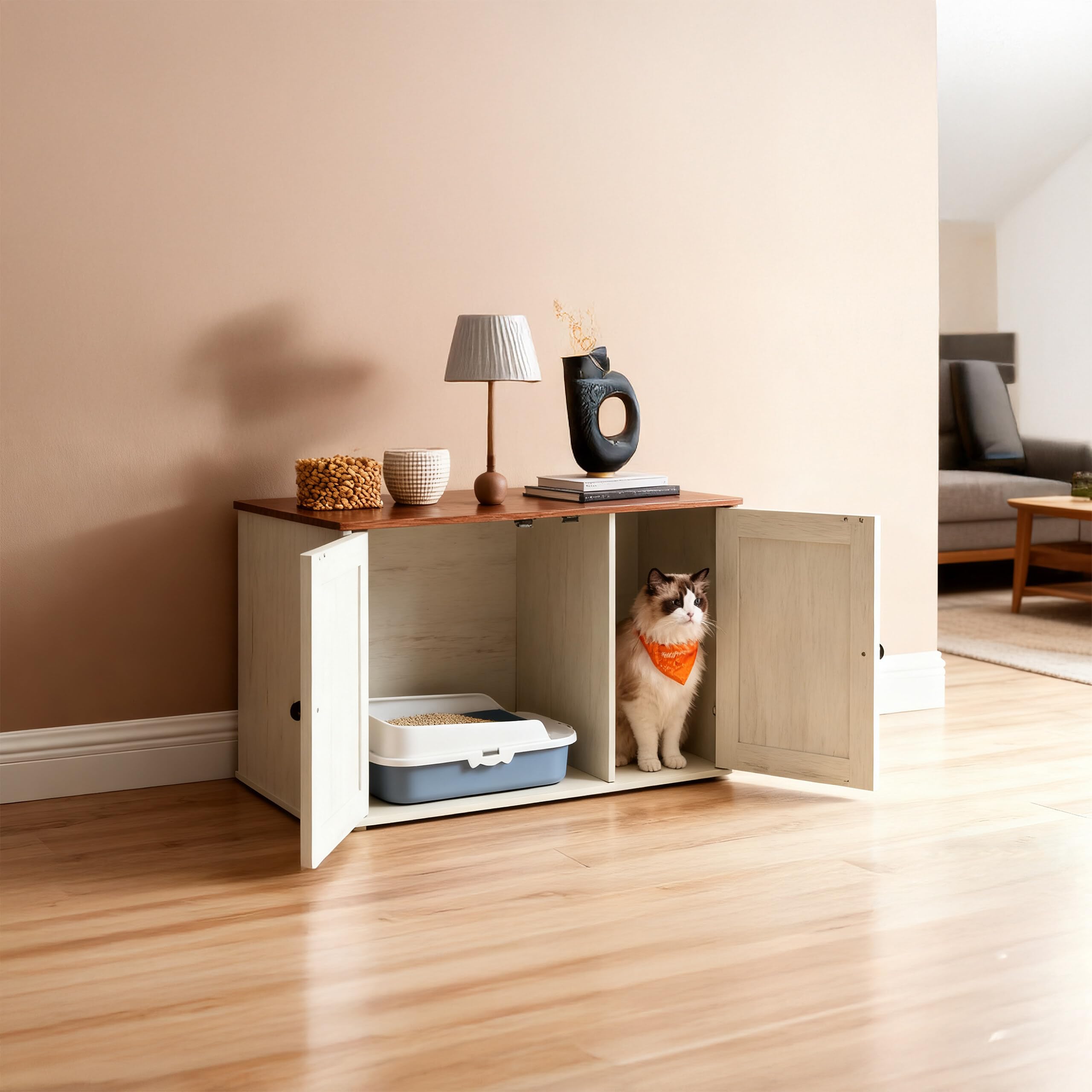 Relaxdays Armoire pour Chat avec cloison Amovible, entrée latérale, Blanc-Marron, 50x80x53 cm