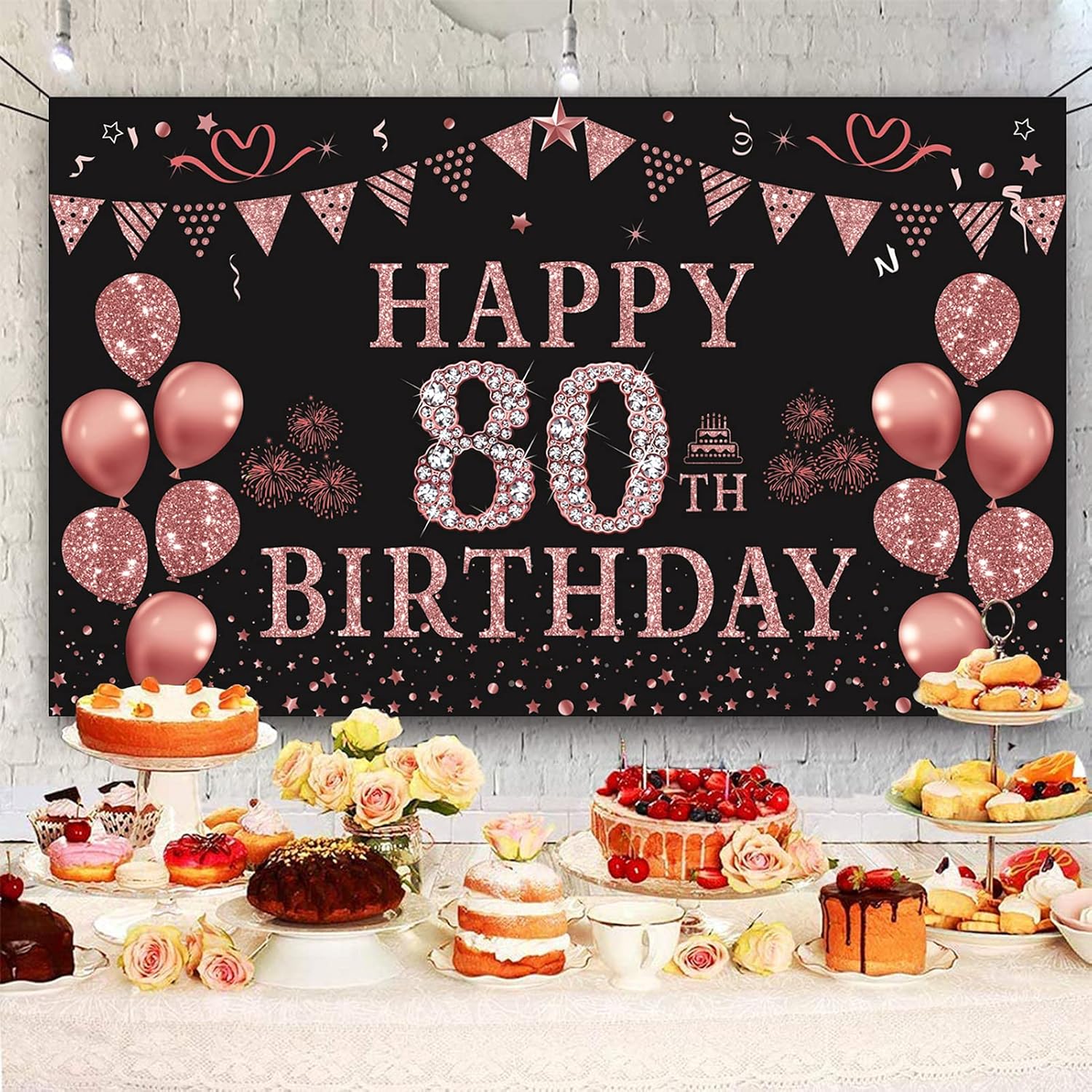 Trgowaul 80th Birthday Decorations for Women Rose Gold Birthday Backdrop Banner 5.9 X 3.6 Fts Happy 80th Birthday Party Suppiles Photography Supplies Background Happy 80th Birthday Decoration - Image 6