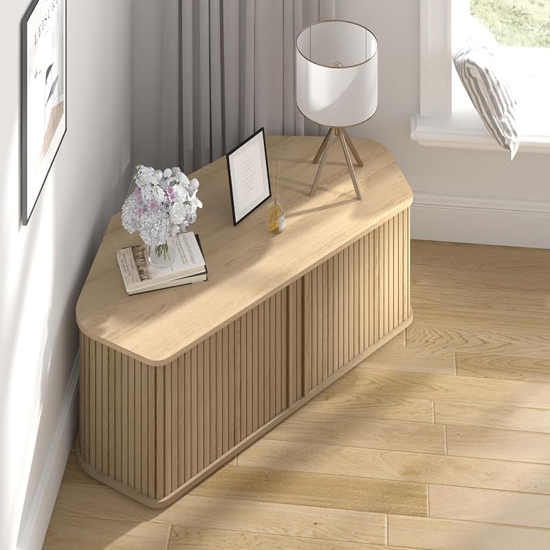 Corner TV Stand 43 Inch, Mid Century Corner Entertainment Center with Sliding Tambour Door, Media Console Table with 2 Layers Storage, Fluted TV Stand for Living Room, Bedroom, Oslo Oak image 6