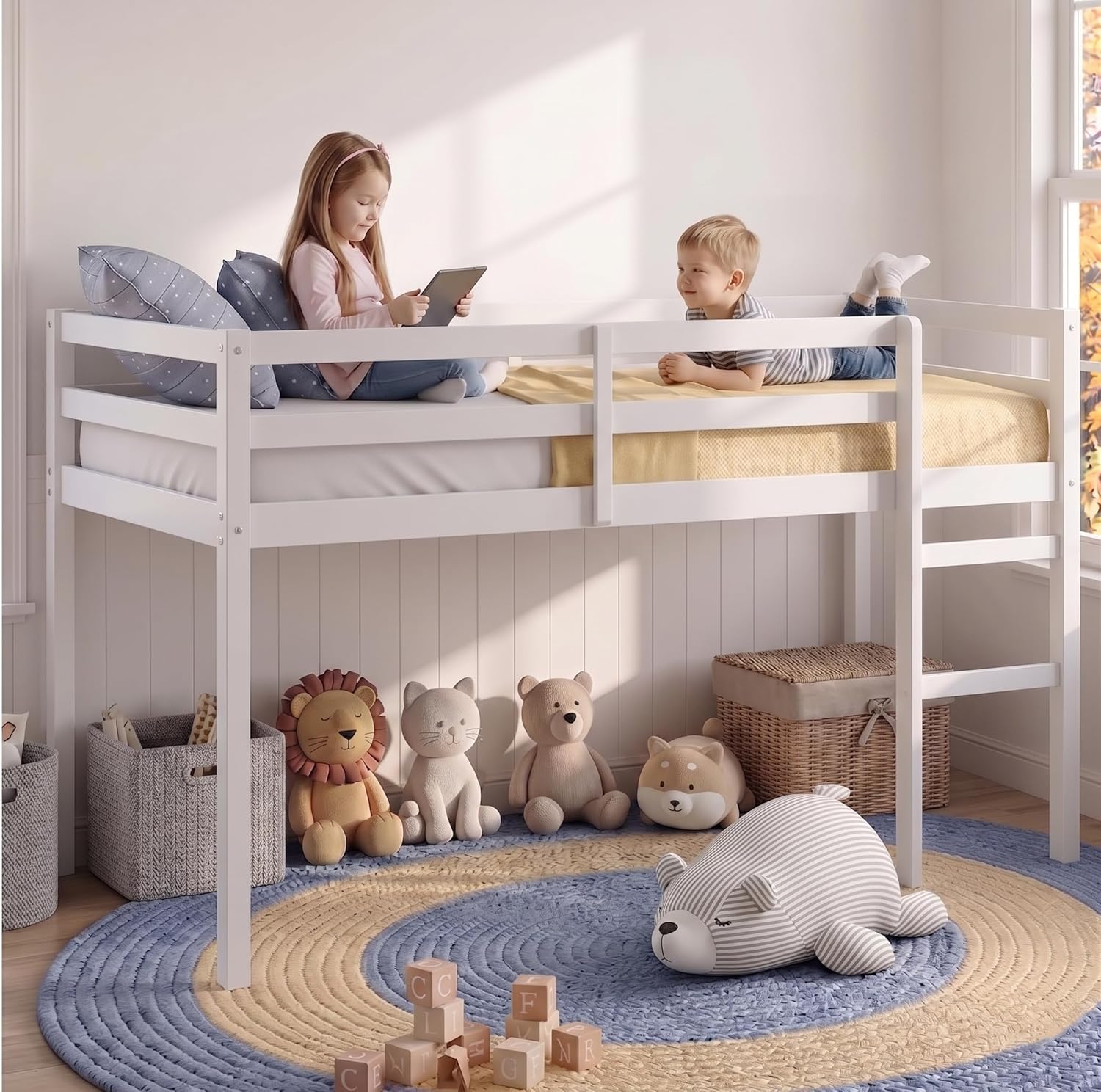 Solid Rubber Wood Full Low Loft Bed for Kids, 44.3'' Space-Saving Bed Frame with 29.6'' Under-Bed Storage Area, Safe Wide Stairs, No Box Spring Needed, White