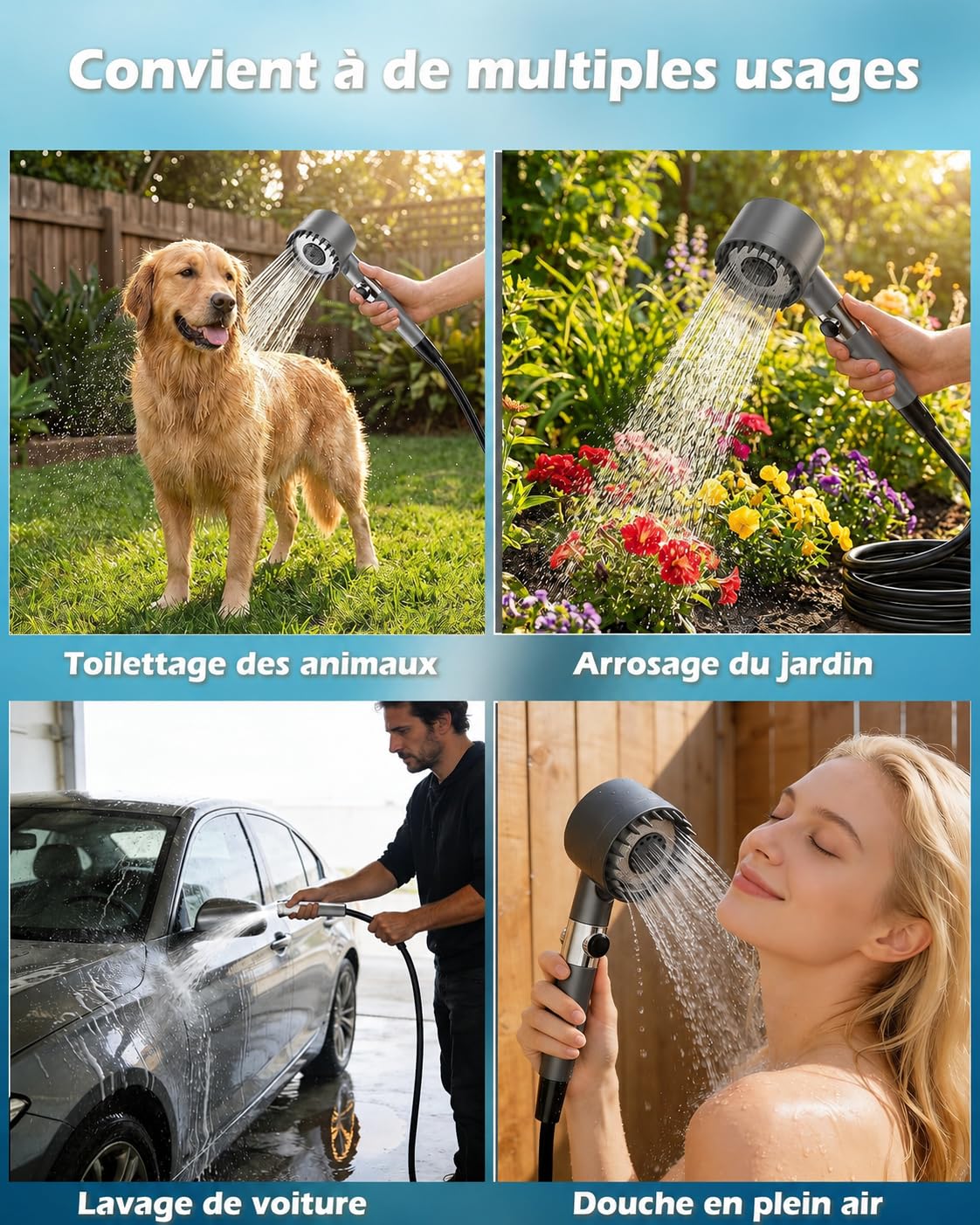 LANMOU Douche de Camping Portable 12000 mAh IPX8 avec Seau 20 L | Pompe de Douche con Pompe électrique, écran LED, 6 débits, tuyau 2 m et USB-C pour vanlife, camping-car, plage, chien