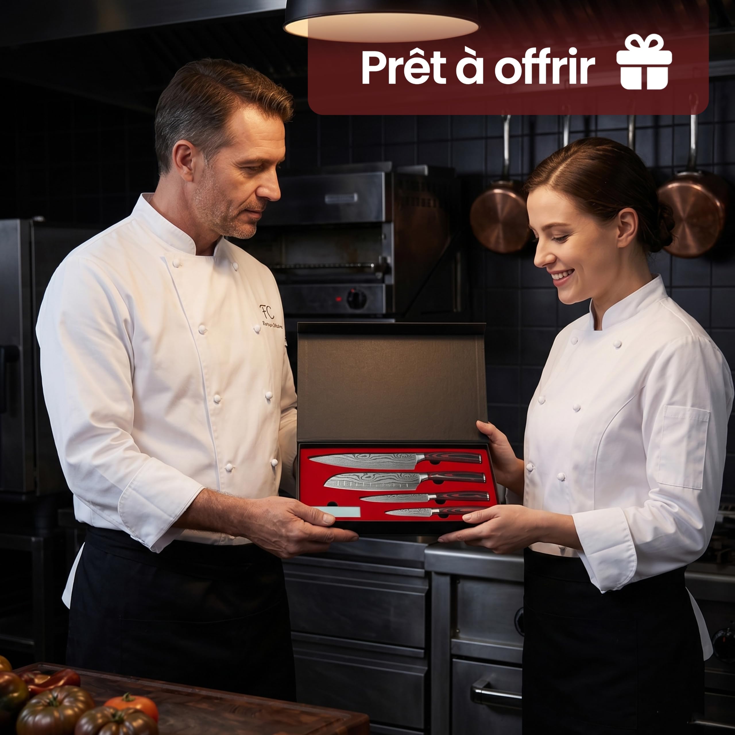 Set de 4 Couteaux Japonais avec Pierre à Aiguiser – Chef, Santoku, Utilitaire, Office – Motif Damas – Manche Bois Pakka – Coffret Cadeau à offrir