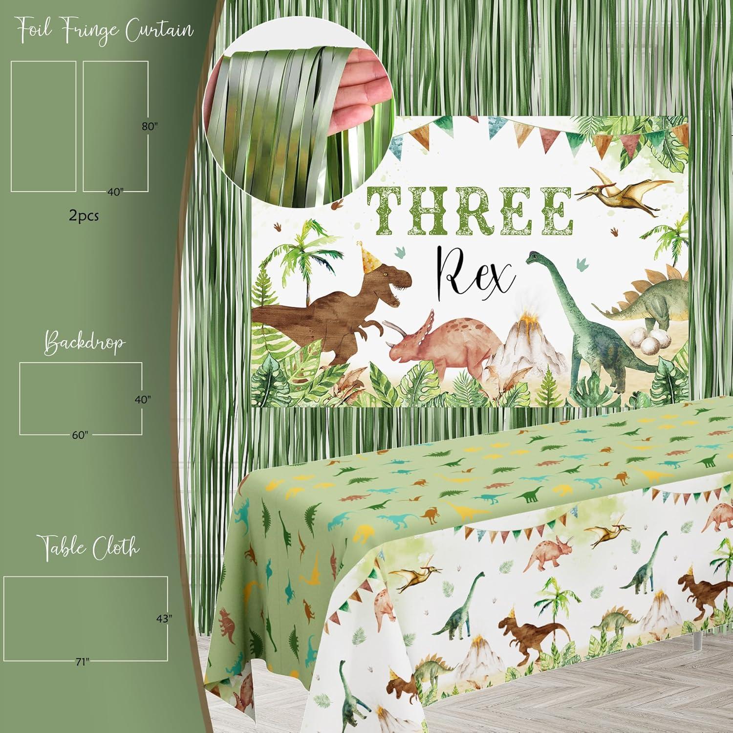 Three Rex Birthday Party Decorations Boy, Dinosaur 3rd Birthday Party Supplies, Three Rex Backdrop Tablecloth Fringe Curtain Balloon Arch Cake Topper Birthday Banner Hat
