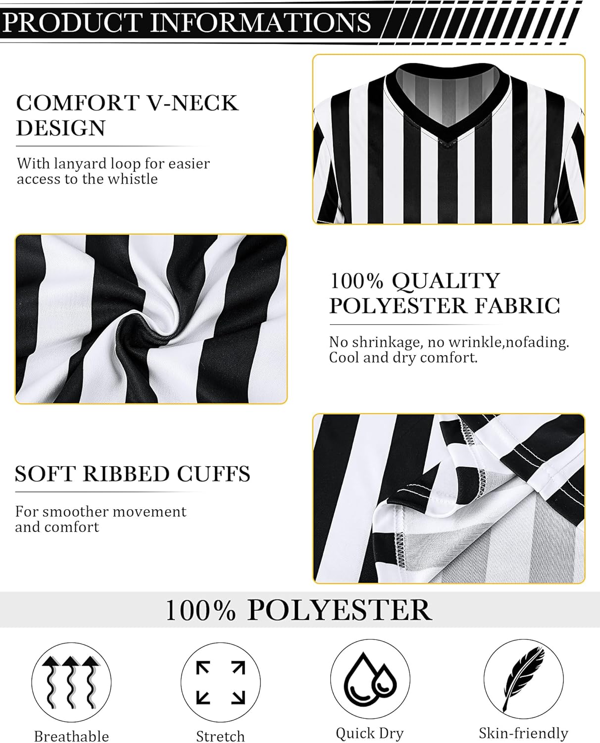 Sintege 4 Sets White and Black Soccer Referee Stripe Shirt with Whistle Official Referee Costume Shirt Football Umpire Jersey Halloween Costume for Adult - Image 4