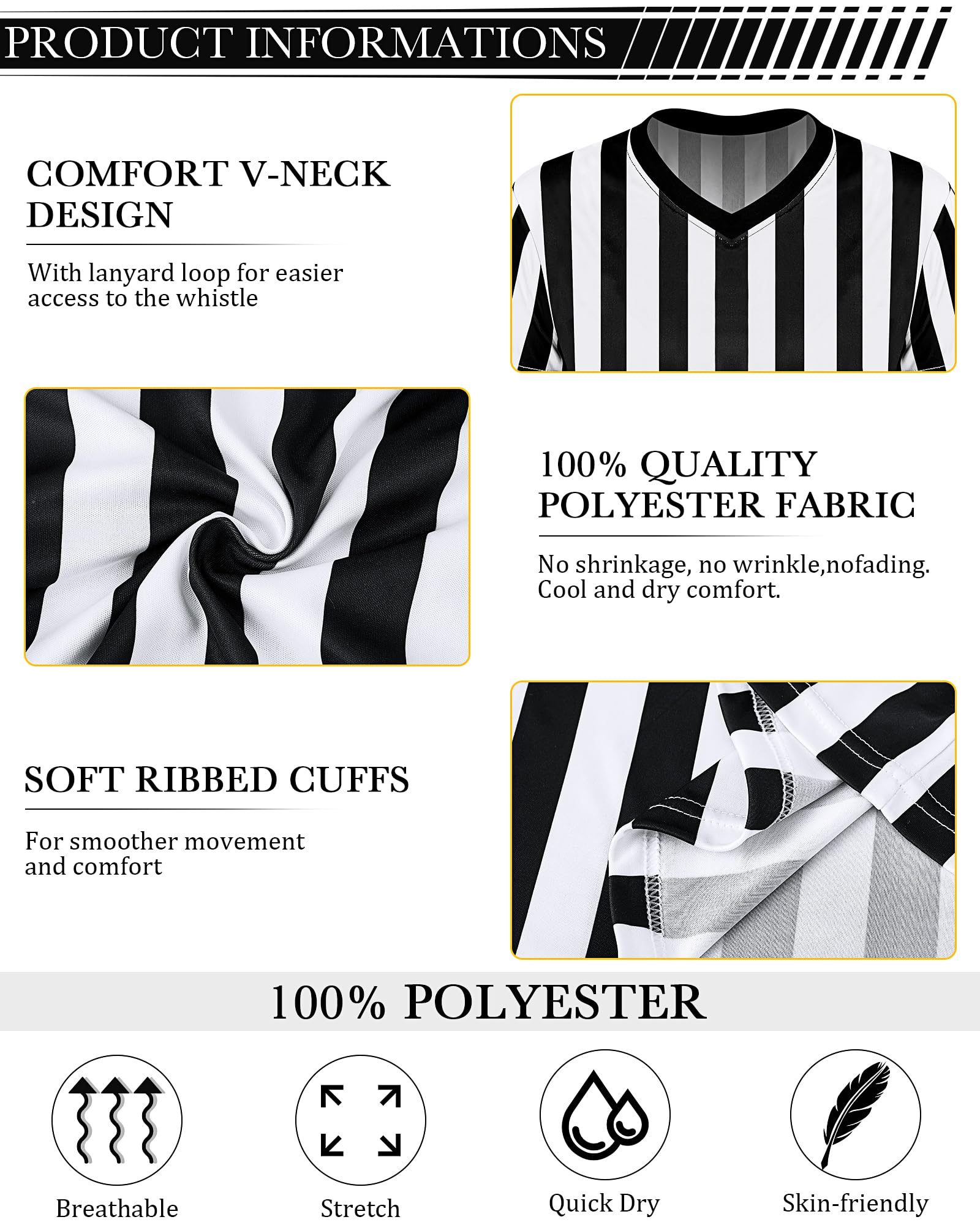 4 Paquets Chemise d'Arbitre à Rayures Blanches et Noires avec Sifflet Chemise Officielle de Costume d'Arbitre à Col en V Maillot d'Arbitre pour Hommes Football Basket-Ball (L)