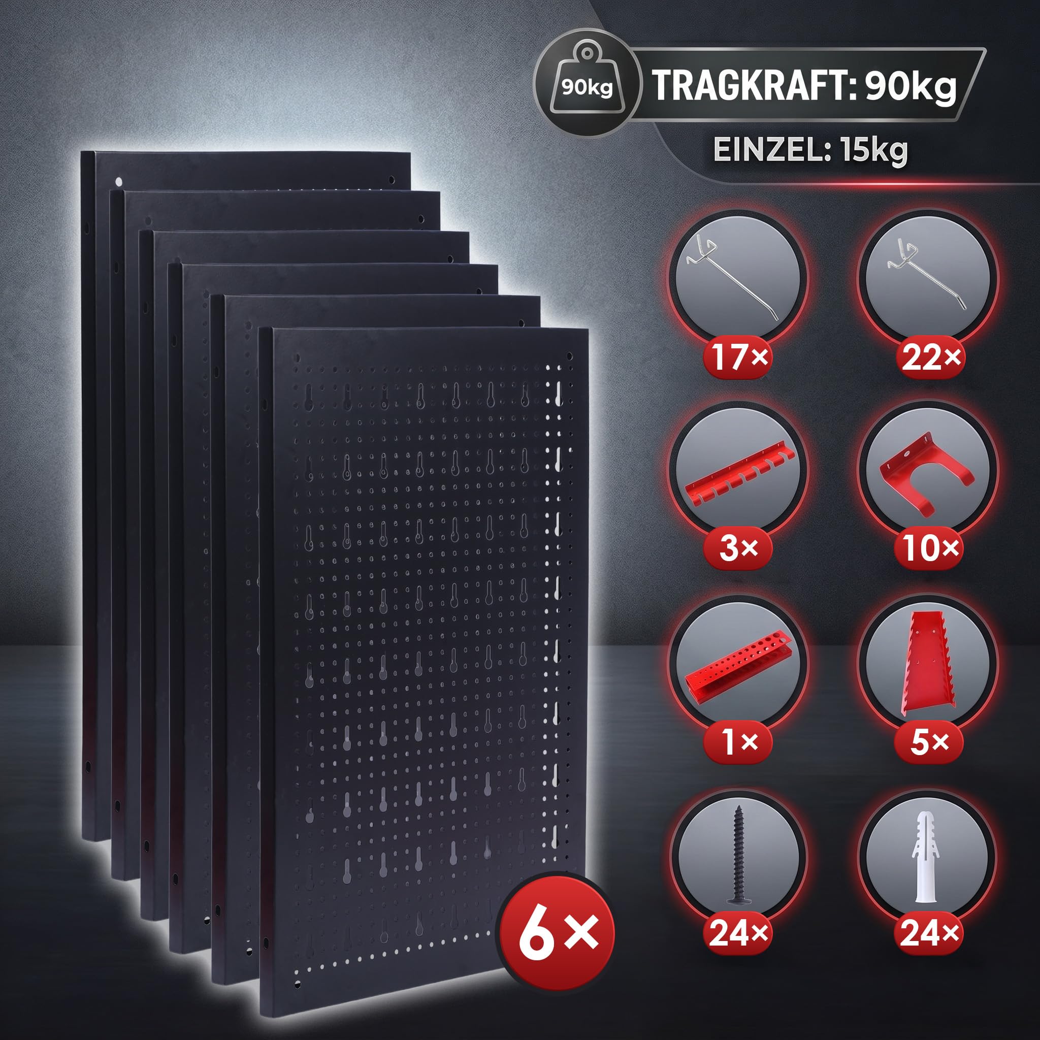 KARAT Juego de 6 placas perforadas para herramientas, metal, 240 x 60 cm, para banco de trabajo, garaje, taller