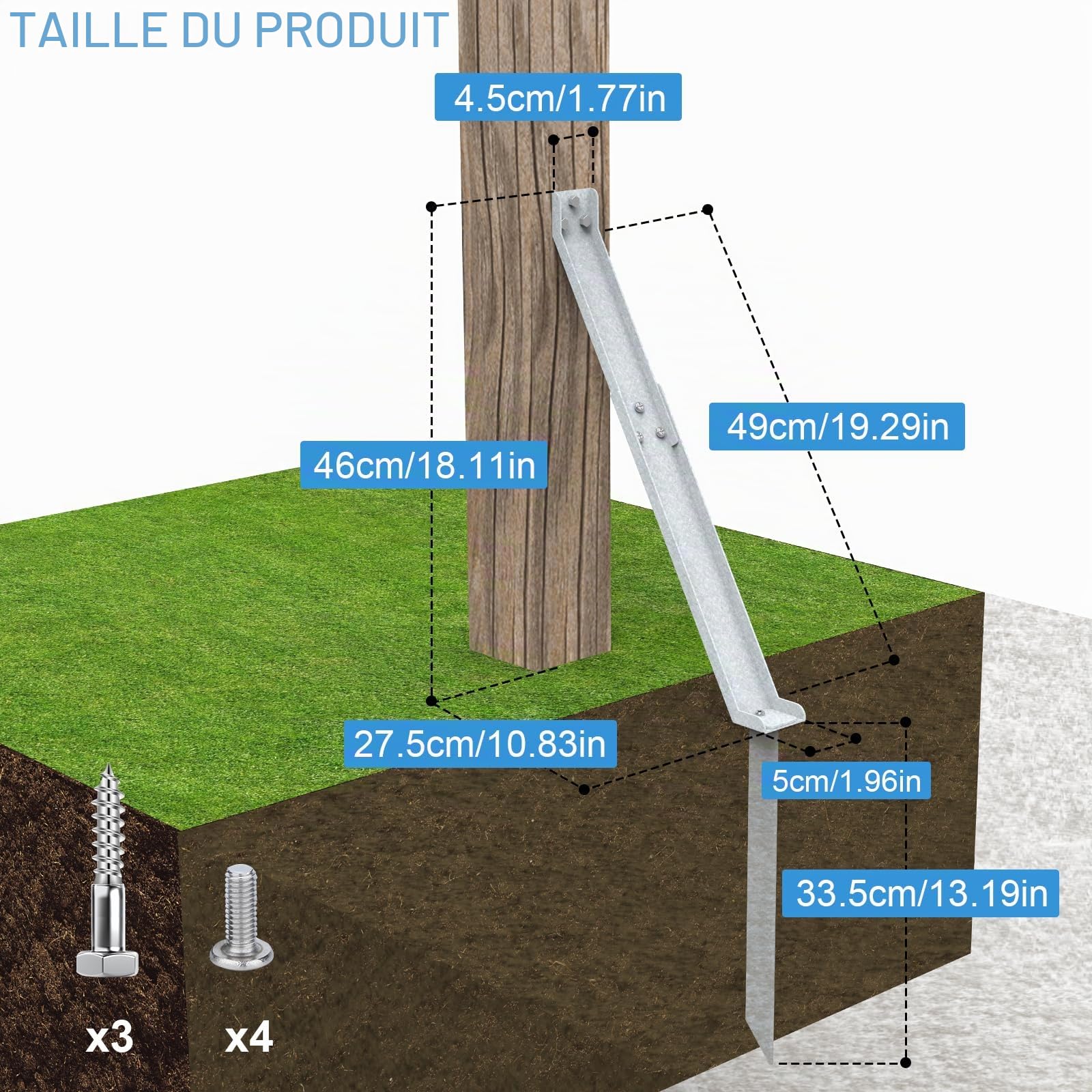 4 pièces Ancrage tempête au sol pour clôture brise-vue - Ancrage au sol en acier galvanisé pour poteaux de clôture - Ancrage de poteau pour clôture de jardin - Ancrage vent pour stabilisation