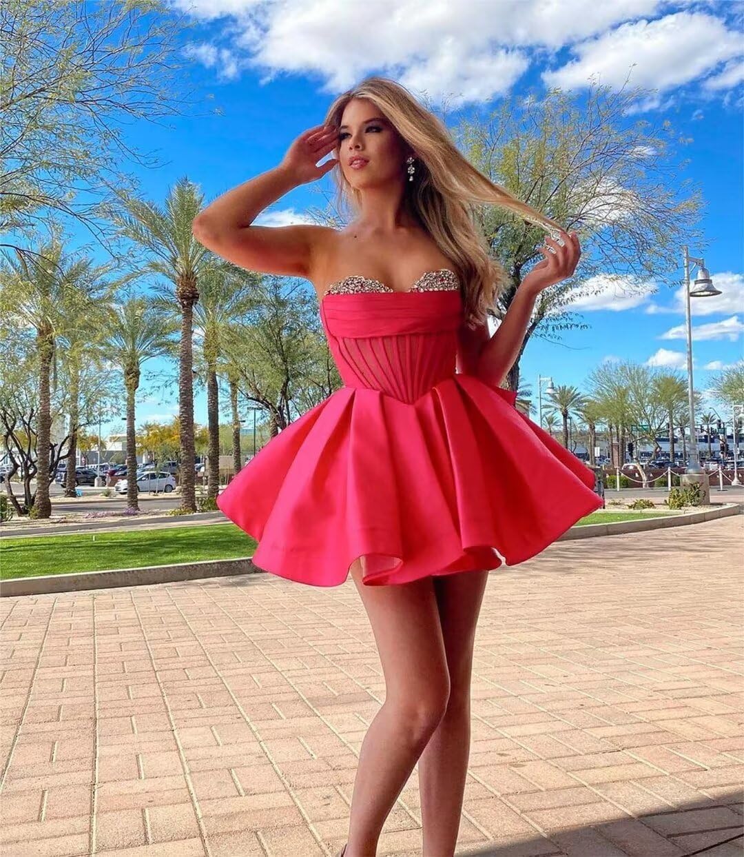 XYAYE Puffy Homecoming Dresses Short Sparkly Satin DAMA Dresses for Quinceanera Strapless Beaded Cocktail Dress